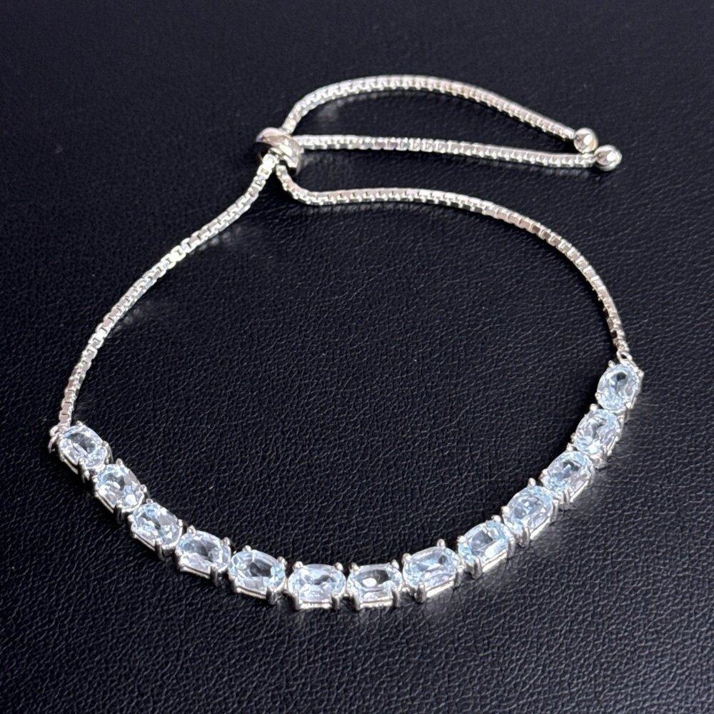 Tennis Bracelet Light Blue Topaz Sterling Silver Adjustable Up To 10.5" Gemstone